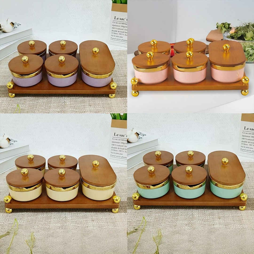 طبق بورسلين مقسم بغطاء خشب - j2404104
