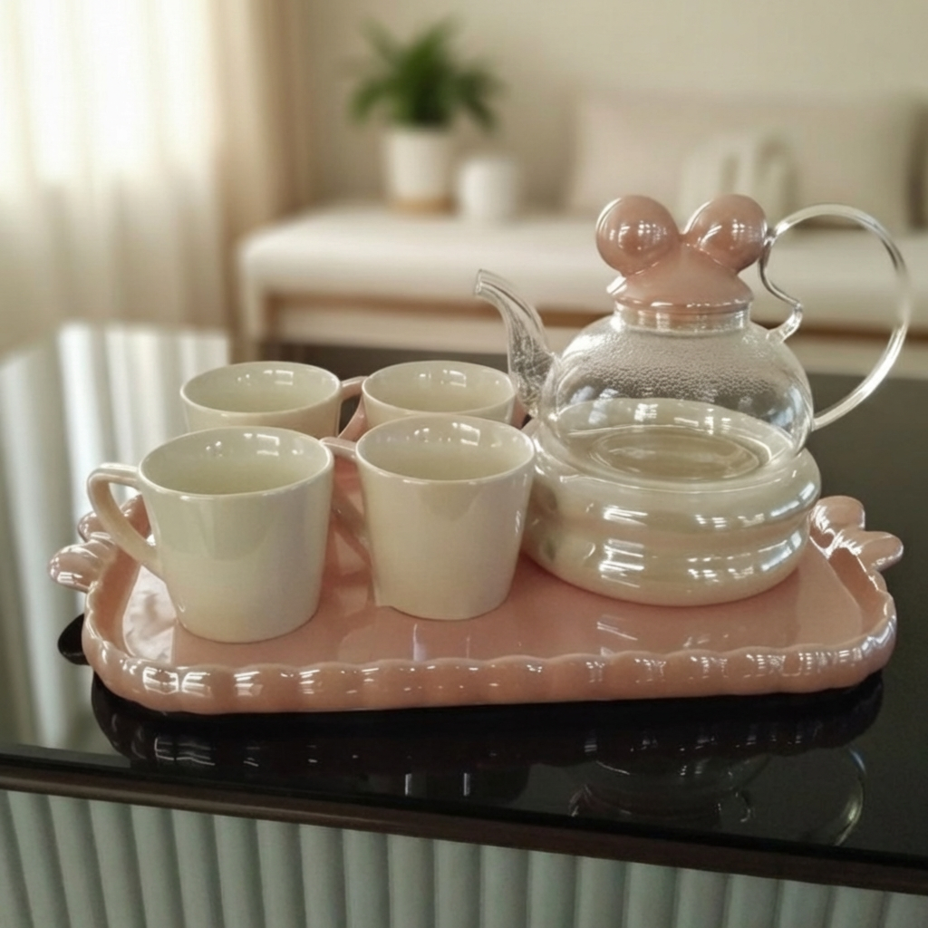 براد بالقاعدة فراشة + 4 فنجان + صينية - XL042