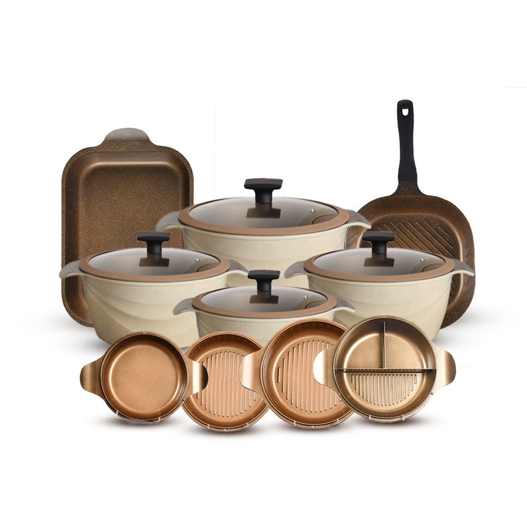 طقم حلل 14ق بطوط نيوكلاين (4 حلل + 4 غطاء متعدد +4 غطاء بيركس + جريل + طاجن)