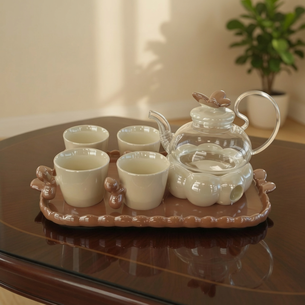 براد بالقاعدة فراشة + 4 فنجان + صينية - XL041